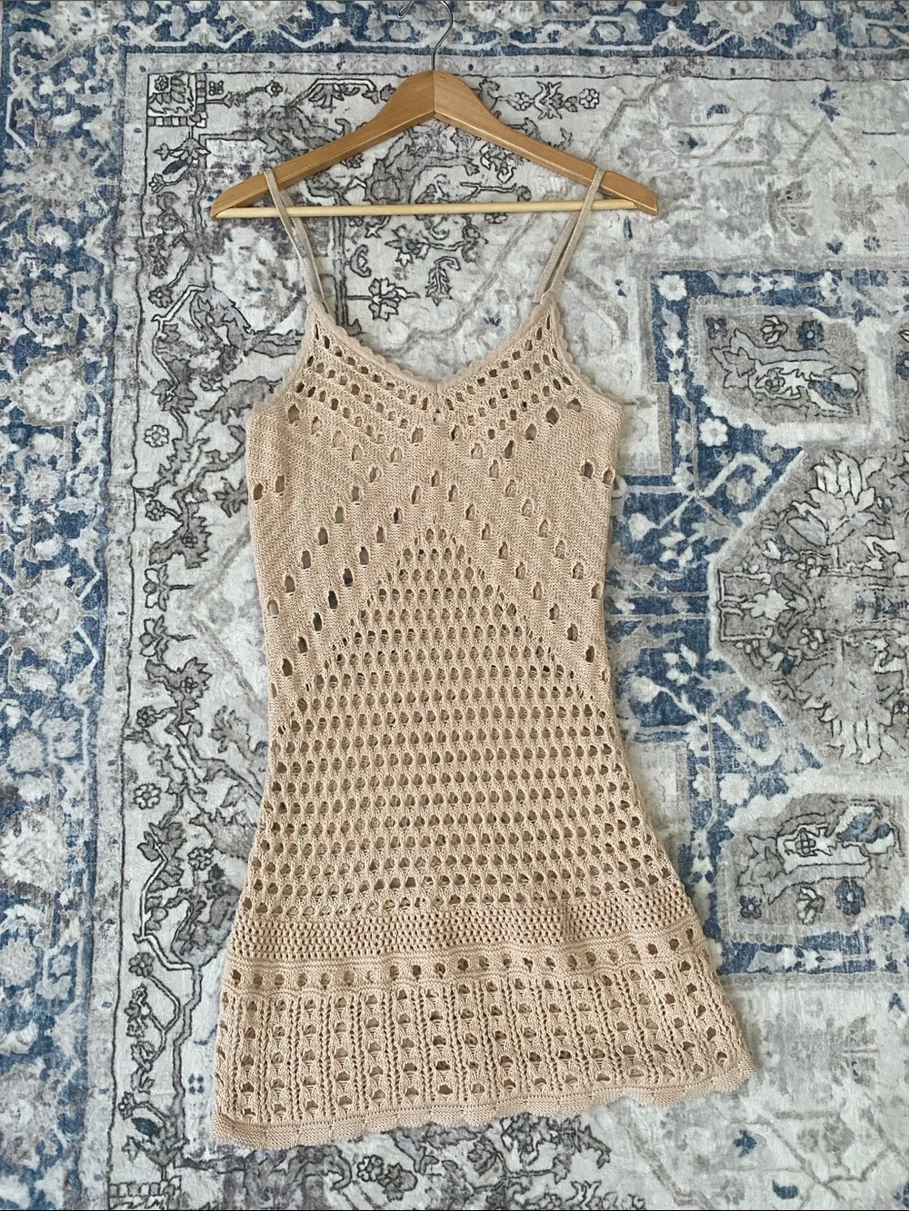 Aerie Beige Crochet Metallic Knit Swim Cover-Up Mini Dress